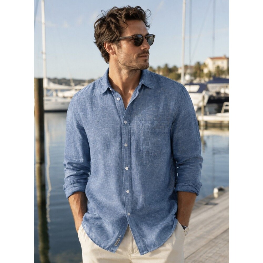 GAP Linen Blend Button Up Shirt Mens Small Denim Blue Long Sleeve Costal Casual